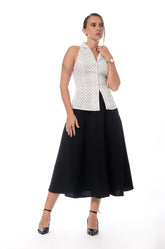 CINCHED WAIST SLEEVELESS TOP - WHITE POLKA