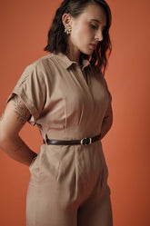 CINCHED WAIST JUMPSUIT - BEIGE