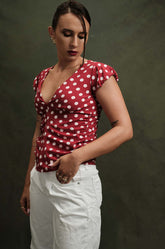 PUFF SLEEVE PLUNGE NECK TOP - RED