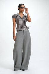 CHECKED PUFF SLEEVE TOP - BLACK