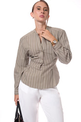 V - NECK LONG SLEEVE SHIRT - KHAKI
