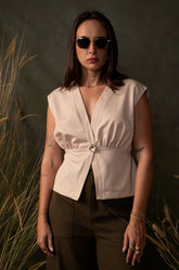 PLUNGE NECKLINE TOP - BEIGE