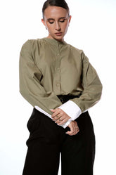 CONTRAST CUFF OVERSIZED SHIRT - OLIVE