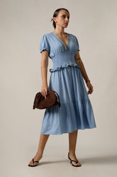 SMOCKED WAIST MIDI DRESS - BLUE