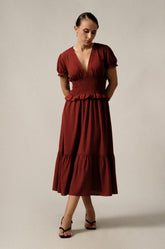 SMOCKED WAIST MIDI DRESS - MAROON