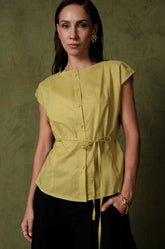 CAP SLEEVE BLOUSE WITH WAIST TIE - MUSTARD
