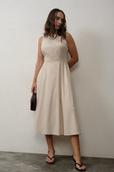 SPAGHETTI STRAP SWING MIDI DRESS - BEIGE