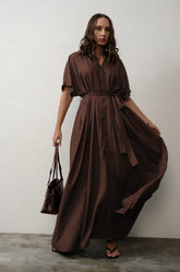 V-NECK MAXI SHIRT DRESS - BROWN