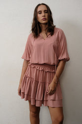 FRILL-TRIMMED MINI DRESS - DUSTY PINK