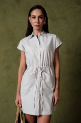 MINI SHIRT DRESS WITH WAIST CINCHING TIE