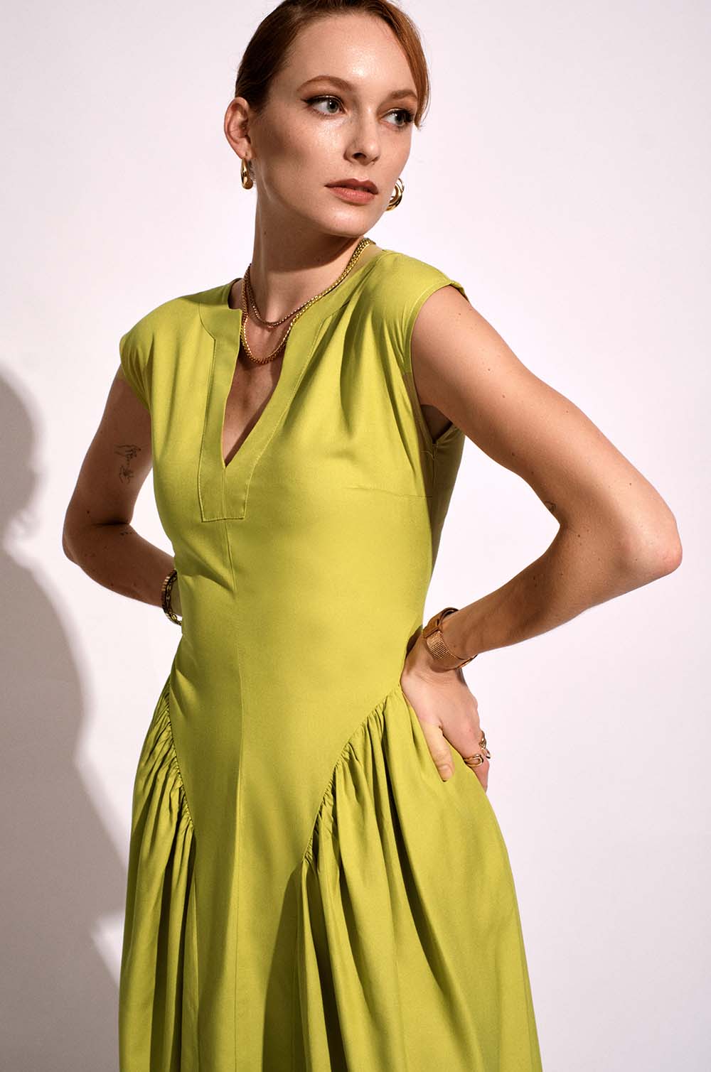 Waist Accentuated Dress-Green