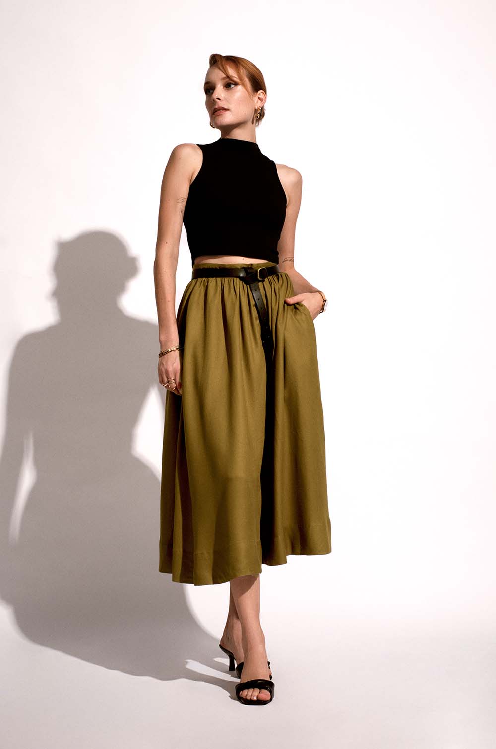 Flared Midi Skirt-Green