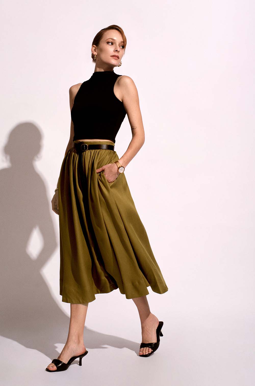 Flared Midi Skirt-Green