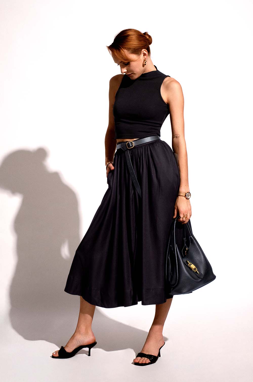 Flared Midi Skirt-Black