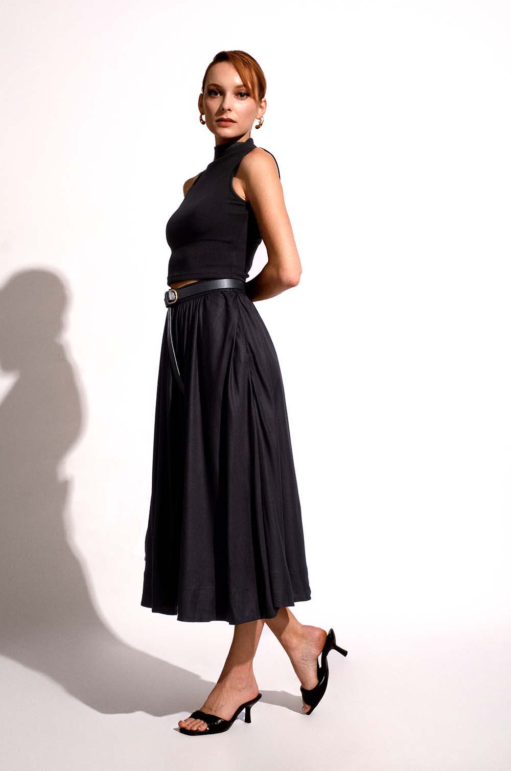 Flared Midi Skirt-Black