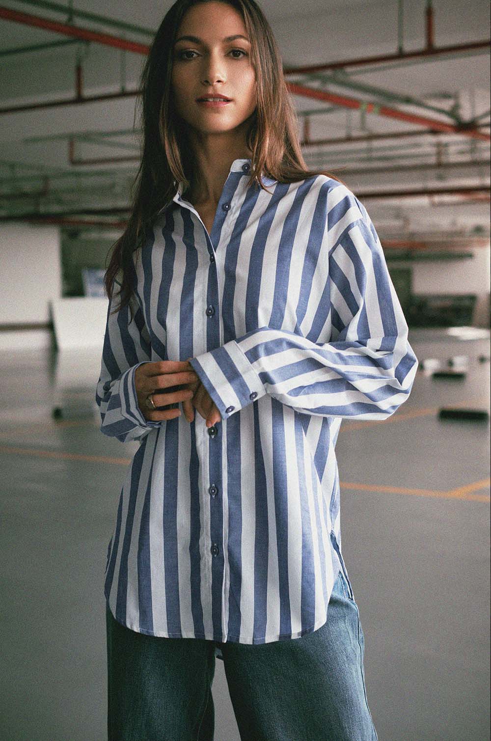 Curved Hem Oversized Shirt - Blue