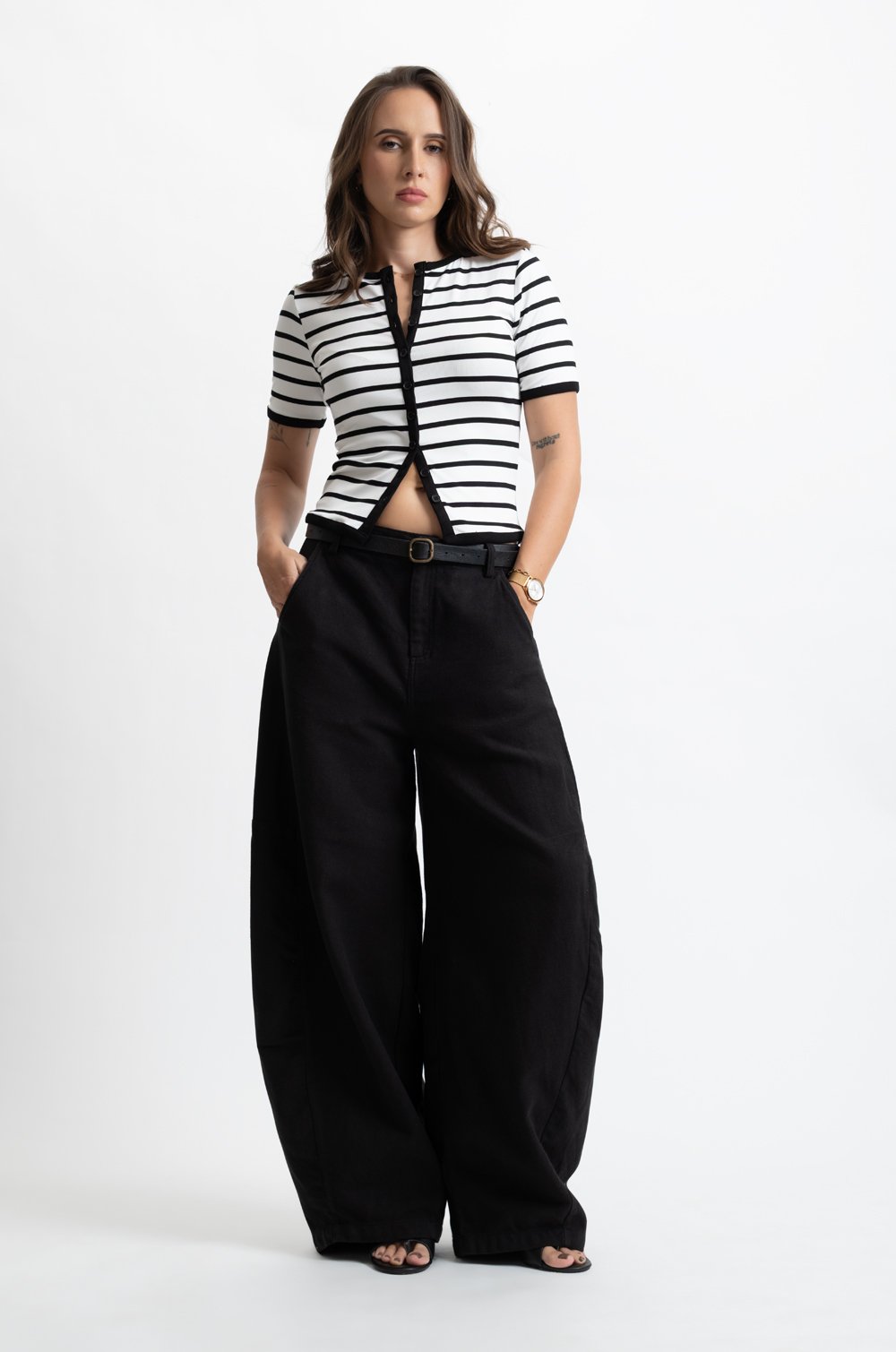 STRIPE BUTTON UP SWEATER TOP