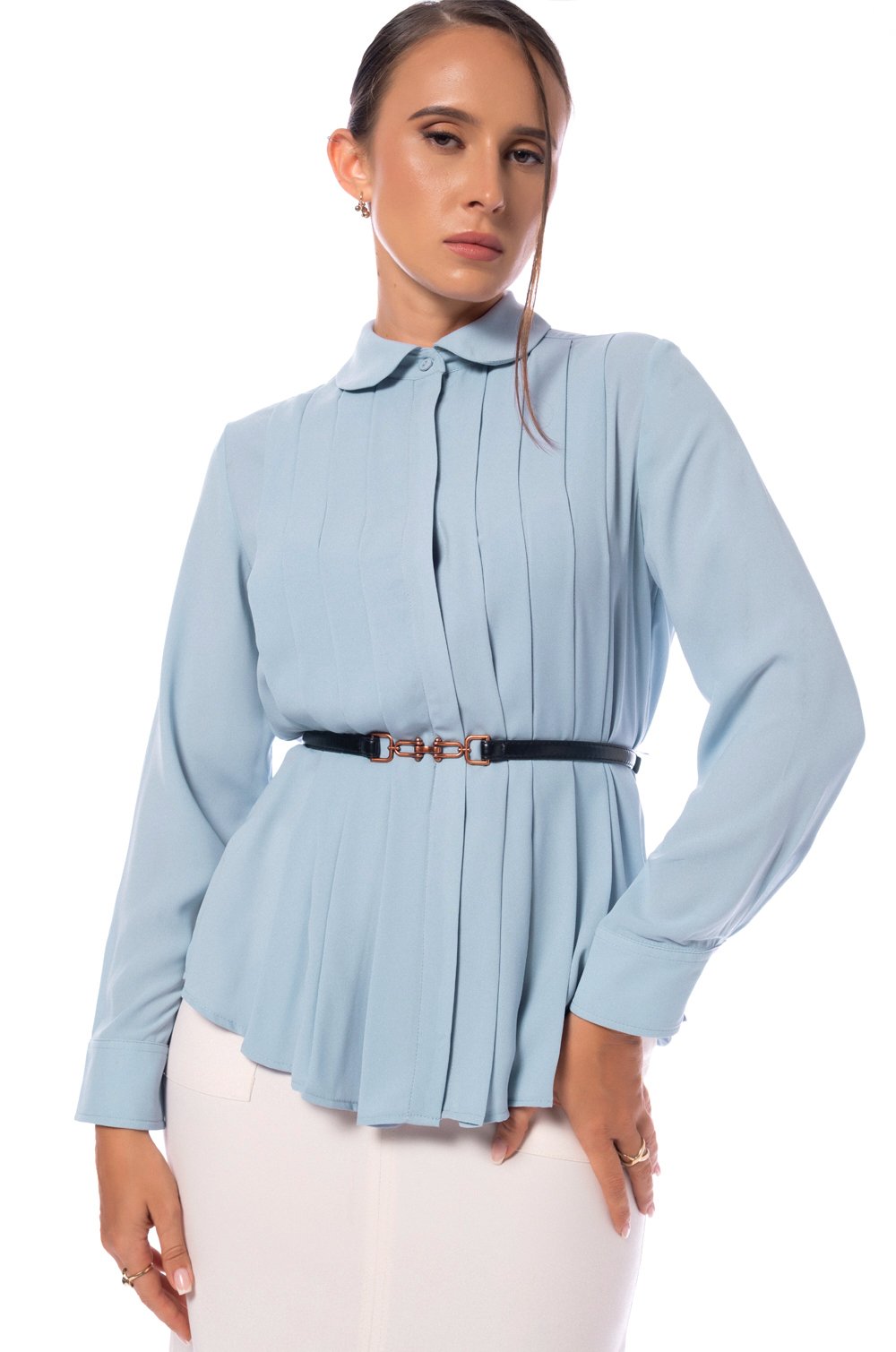 PLEATED LONG SLEEVE TOP - BLUE