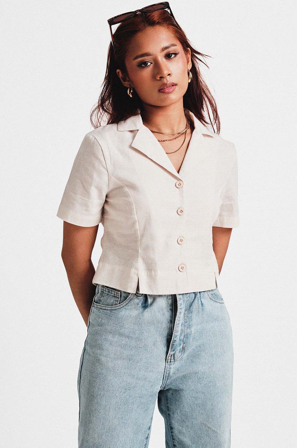 Slit Detailed Shirt- Cream