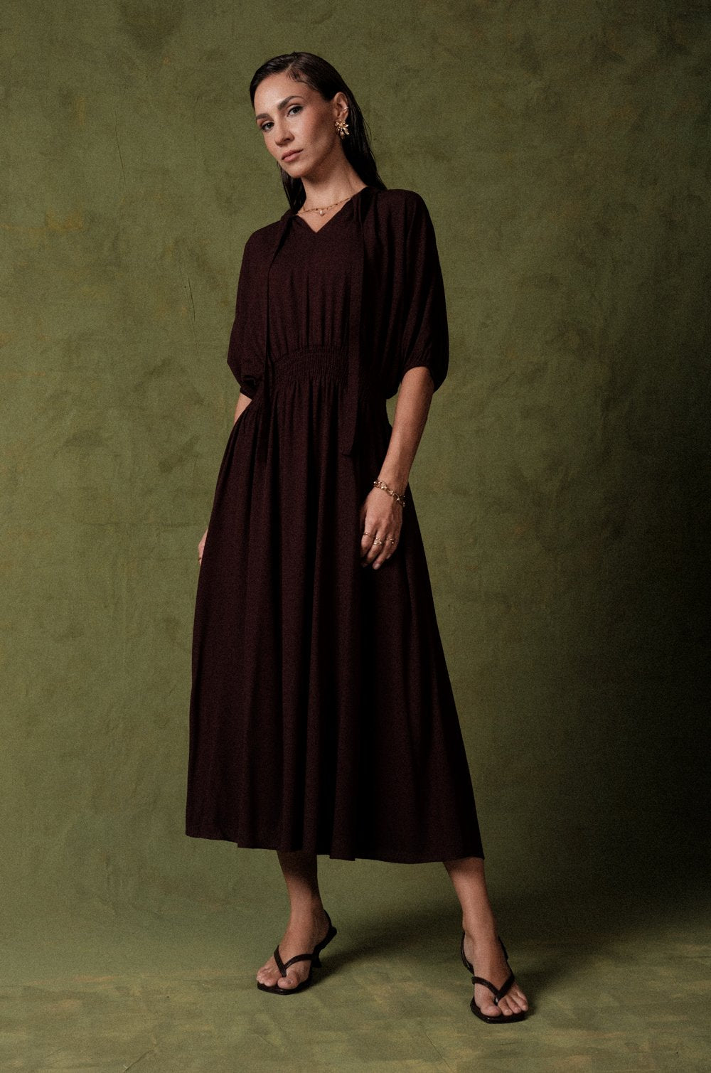SMOCKED WAIST MIDI DRESS - BURGANDY