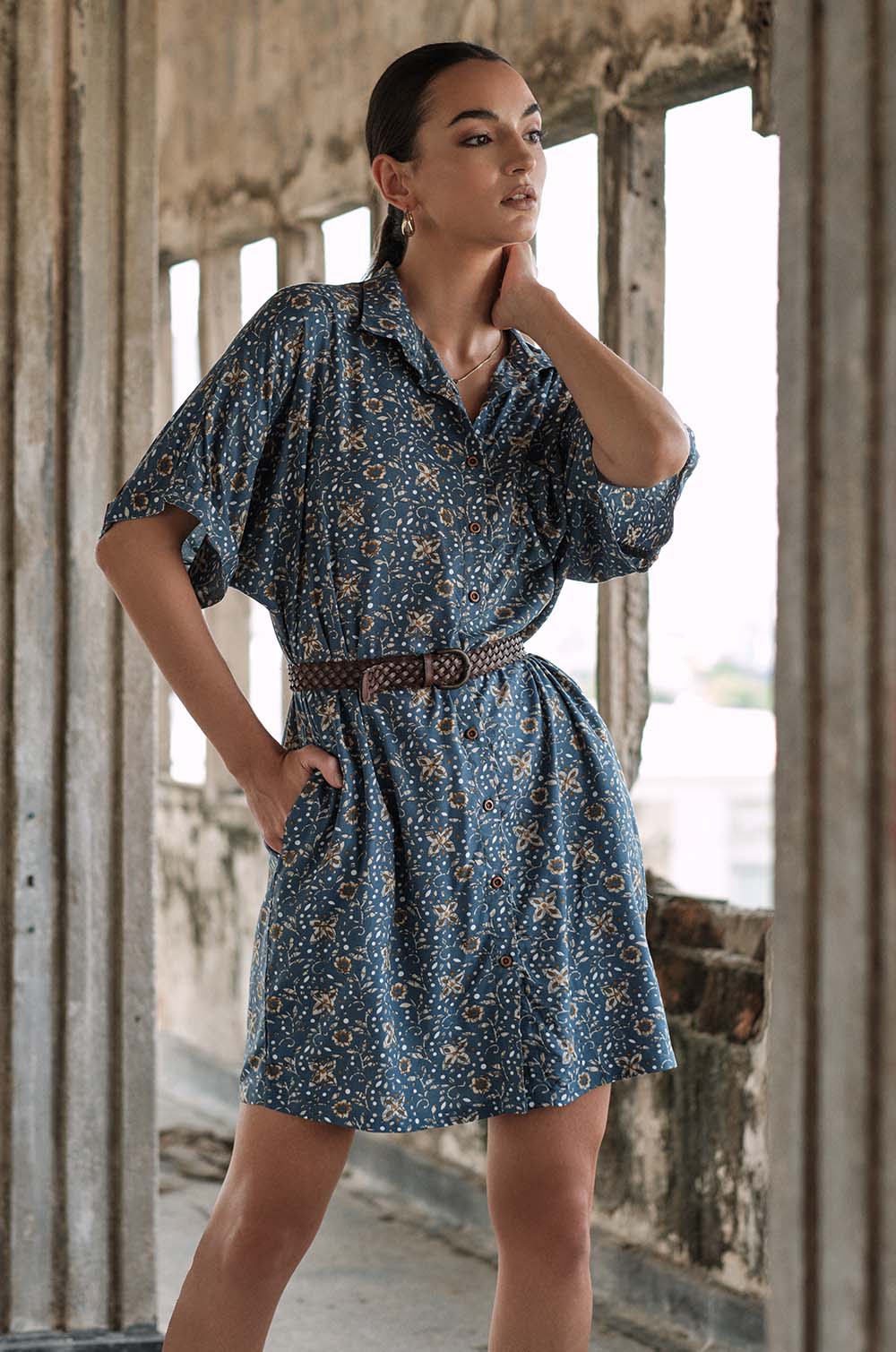 Yoke Detailed Printed Dress -Blue