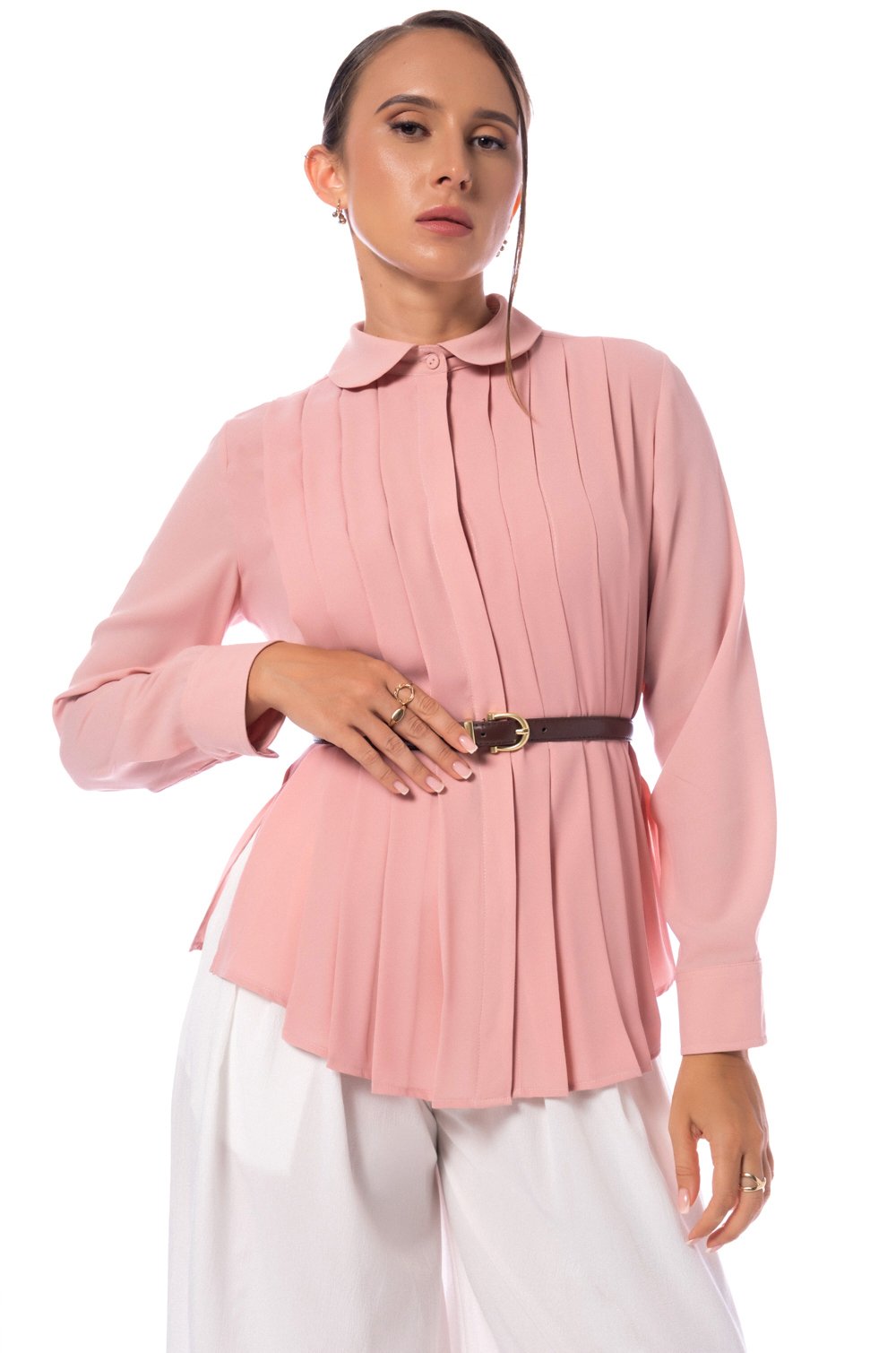 PLEATED LONG SLEEVE TOP - PINK