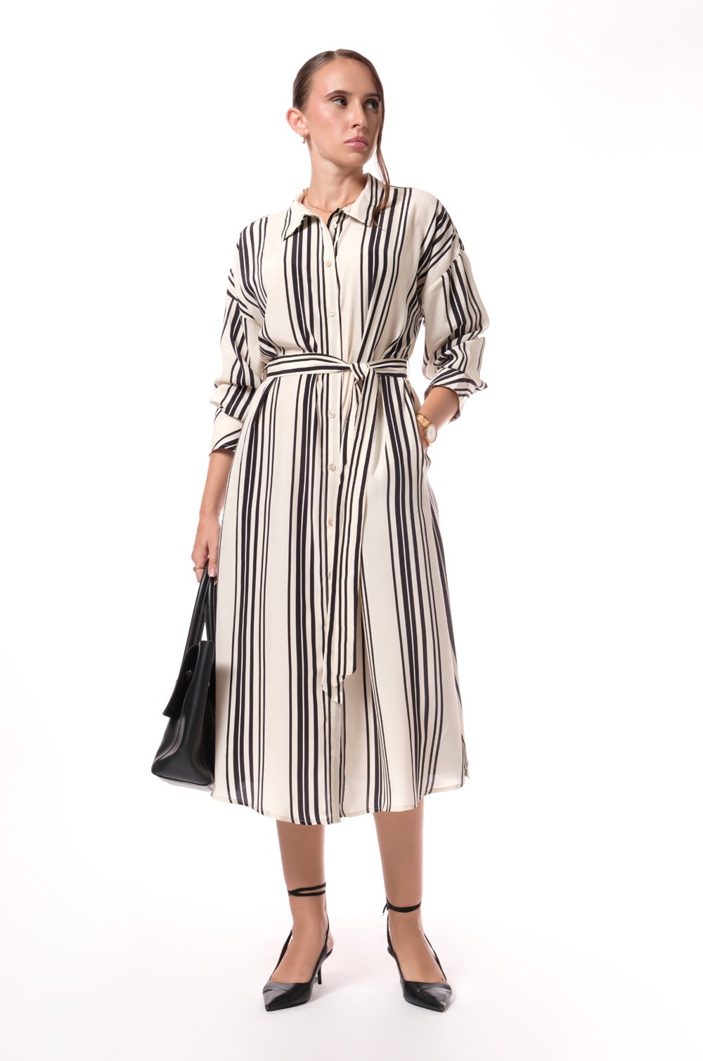 TIE-BELT MIDI SHIRT DRESS