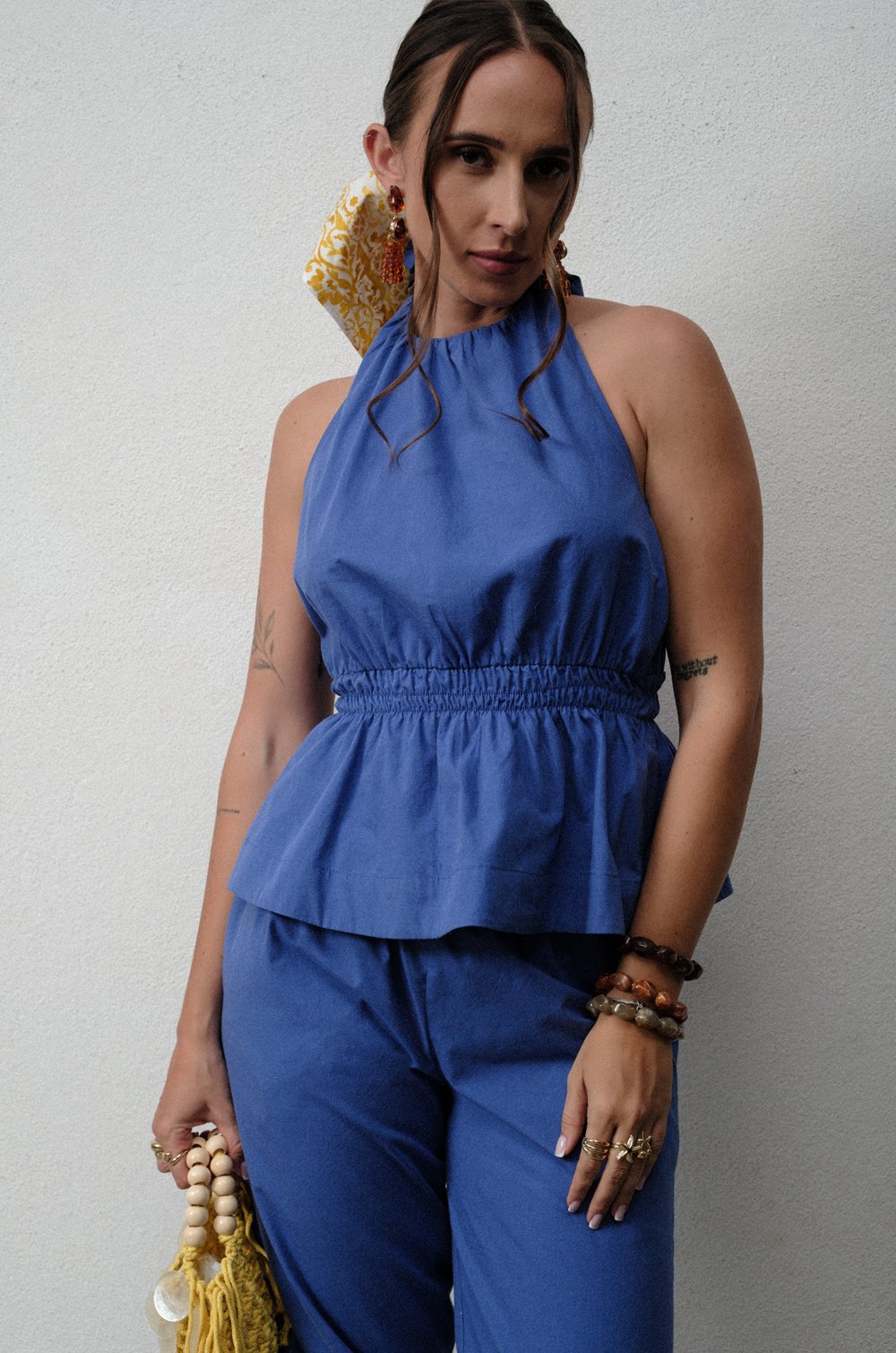 SMOCKED HALTER NECK TOP - BLUE