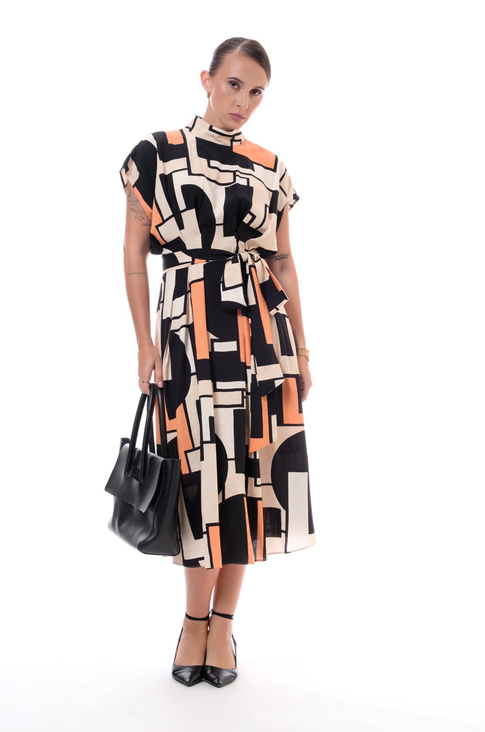 CINCHED WAIST PRINTED DRESS