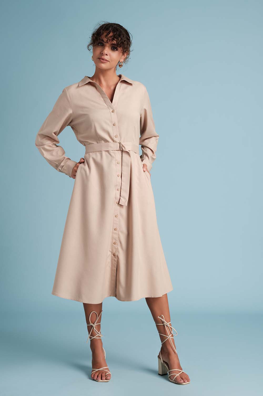 Gathered Back Shirt Dress-Beige