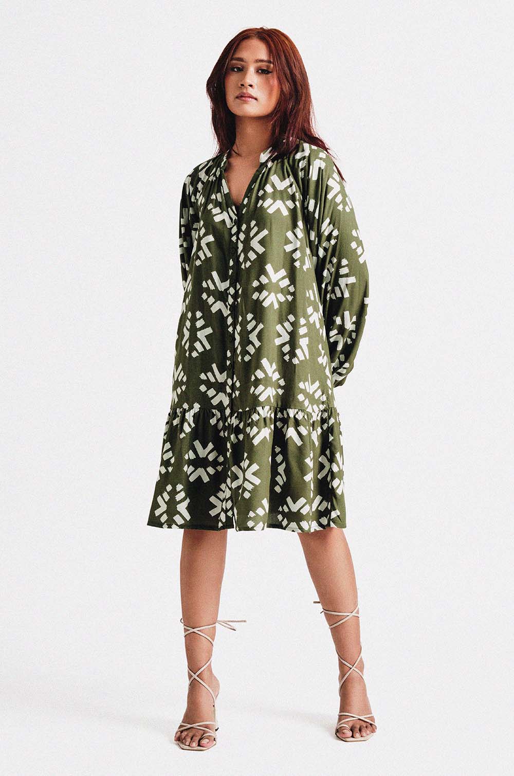 Printed Shift Dress-Olive