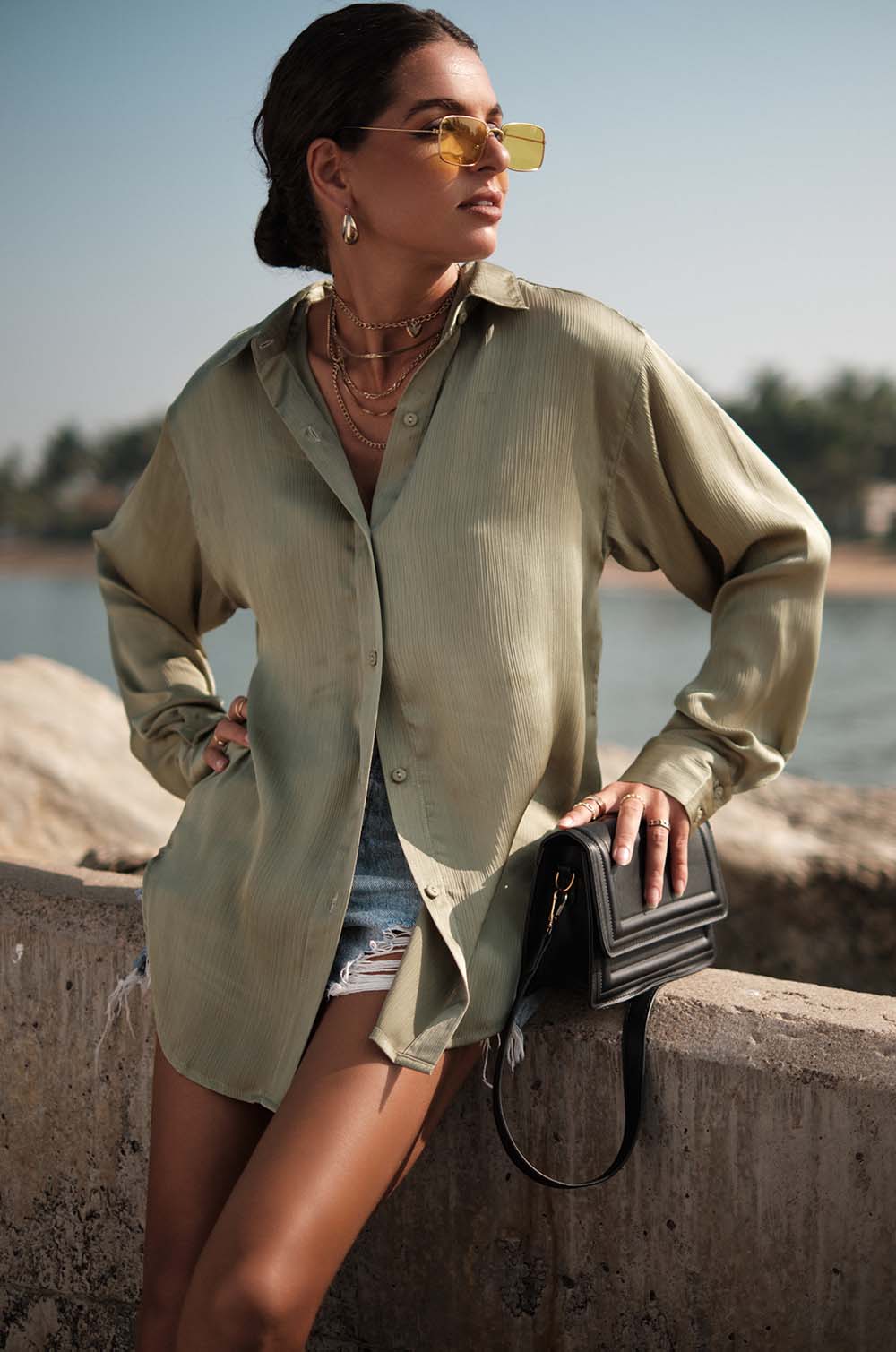 Crinkle Oversized Shirt-Green