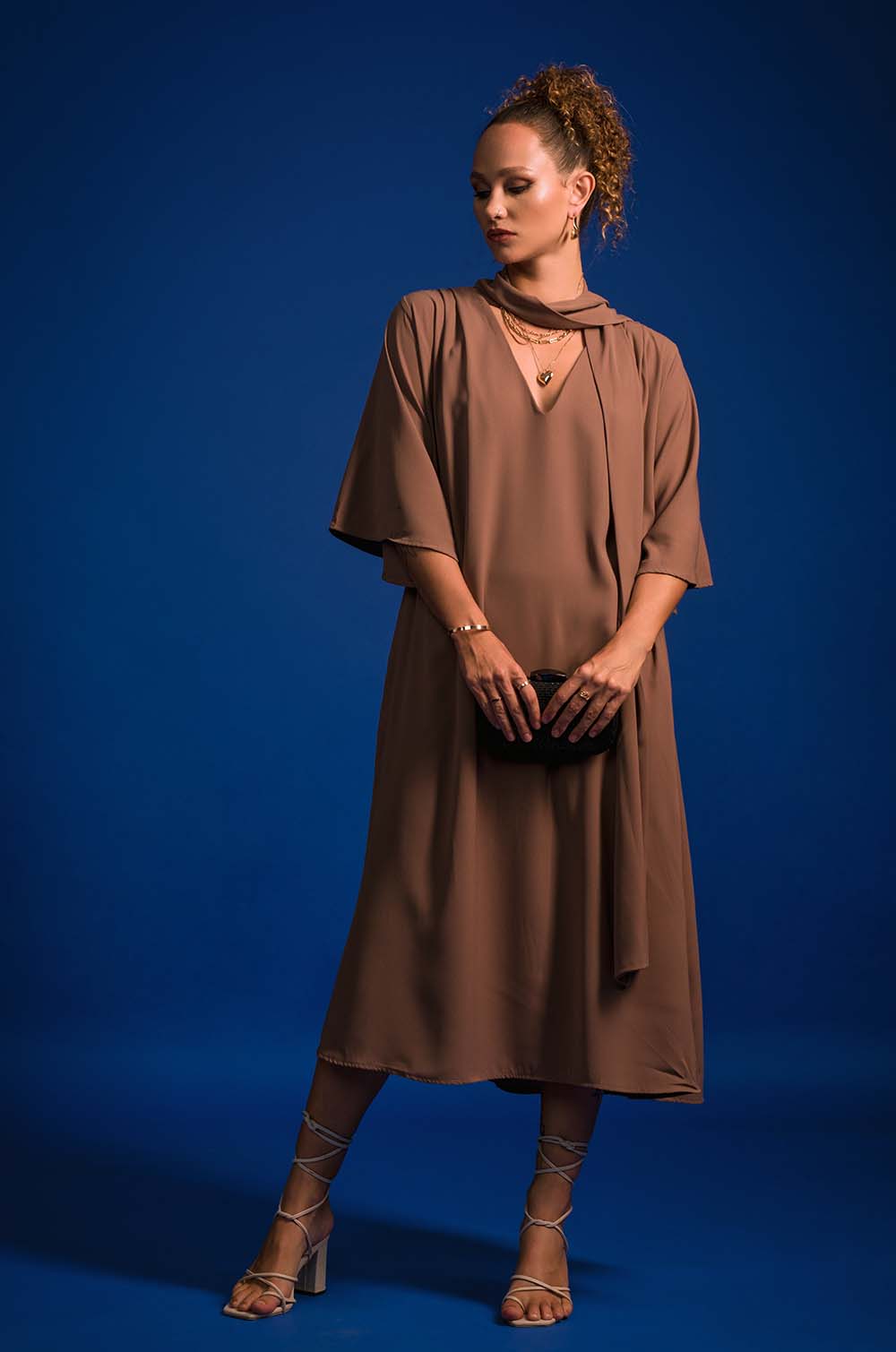 Mock Shawl A-line Dress - Brown