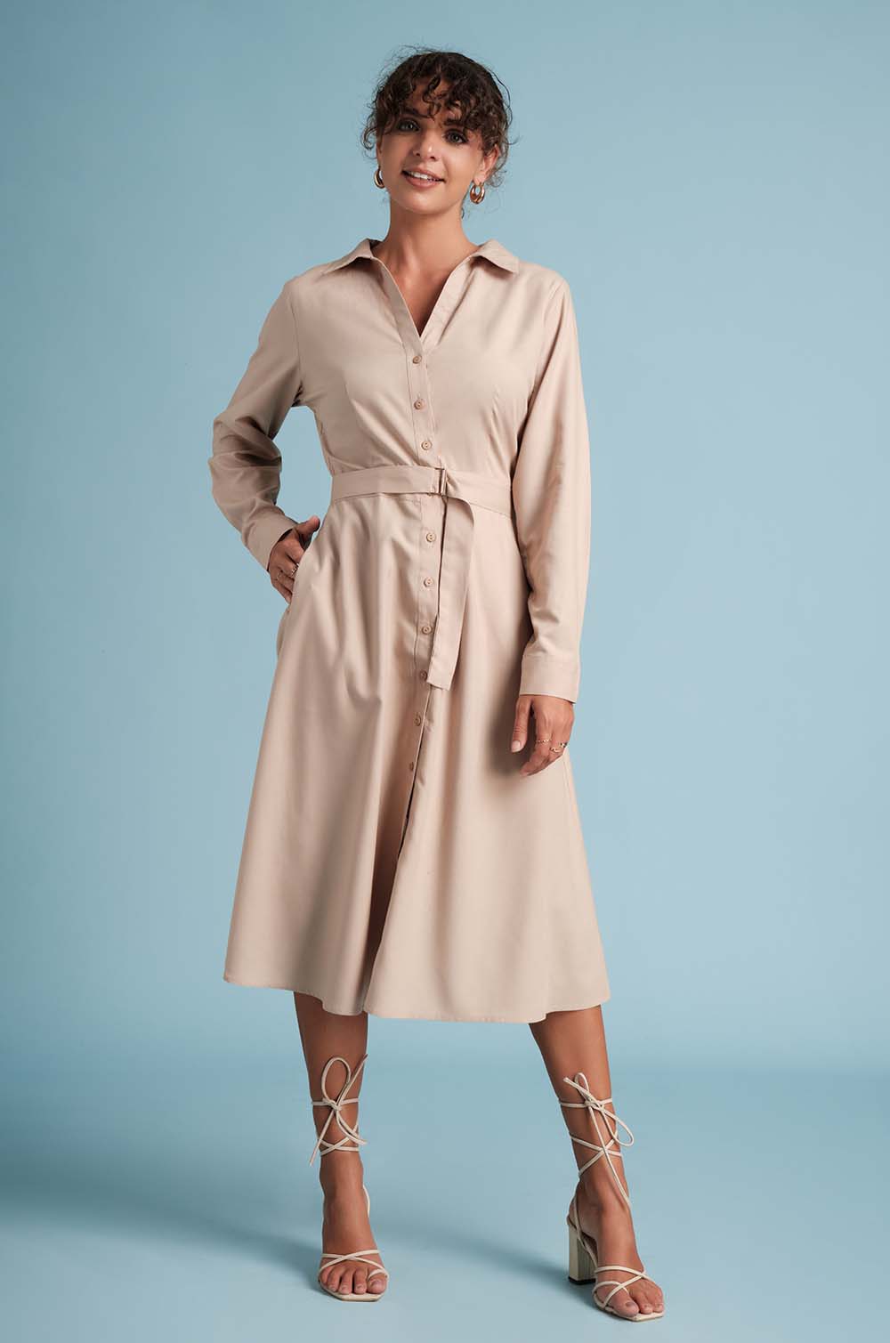 Gathered Back Shirt Dress-Beige