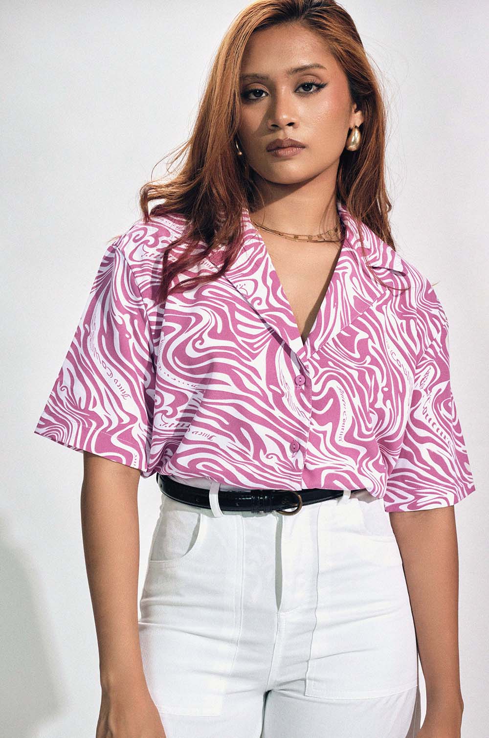 Lapel Collar Printed Shirt - Pink