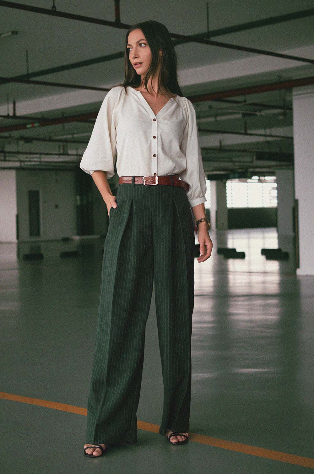 Pin Stripe Tailored Pant- Bottle Green