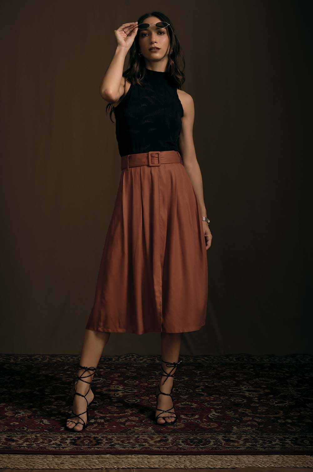 Front Slit Midi Skirt- Brown