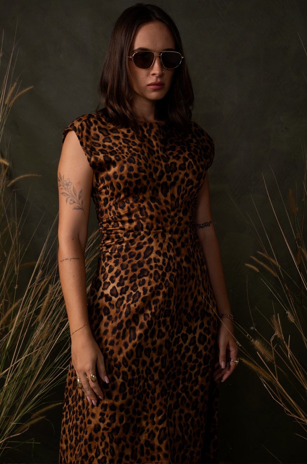 SIDE ROUCHED LEPARD PRINT DRESS