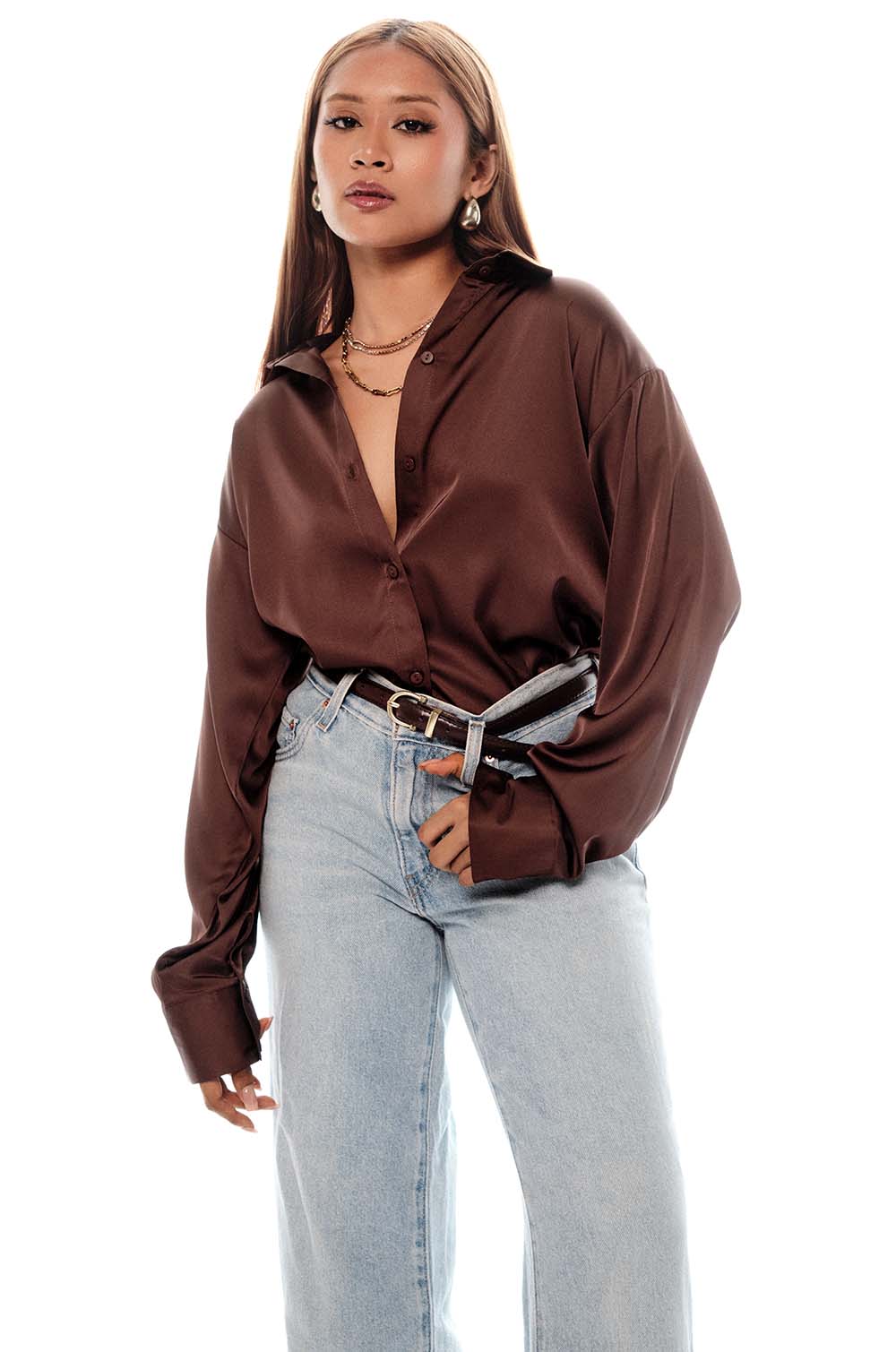 Satin Oversized Shirt Brown