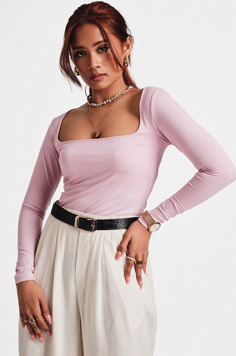 Square Neck Long sleeve Top-Pink