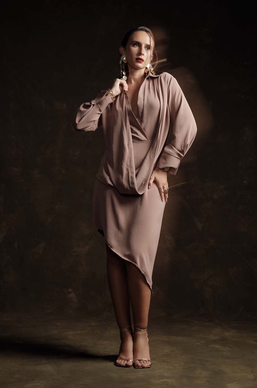 A-SYMMETRIC DRAPED DETAILED DRESS