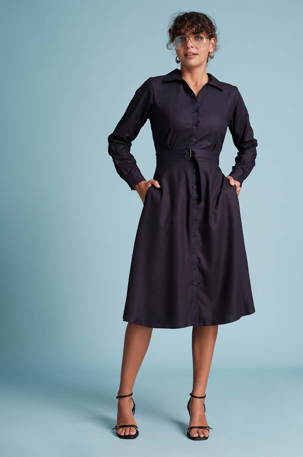 Gathered Back Shirt Dress-Navy