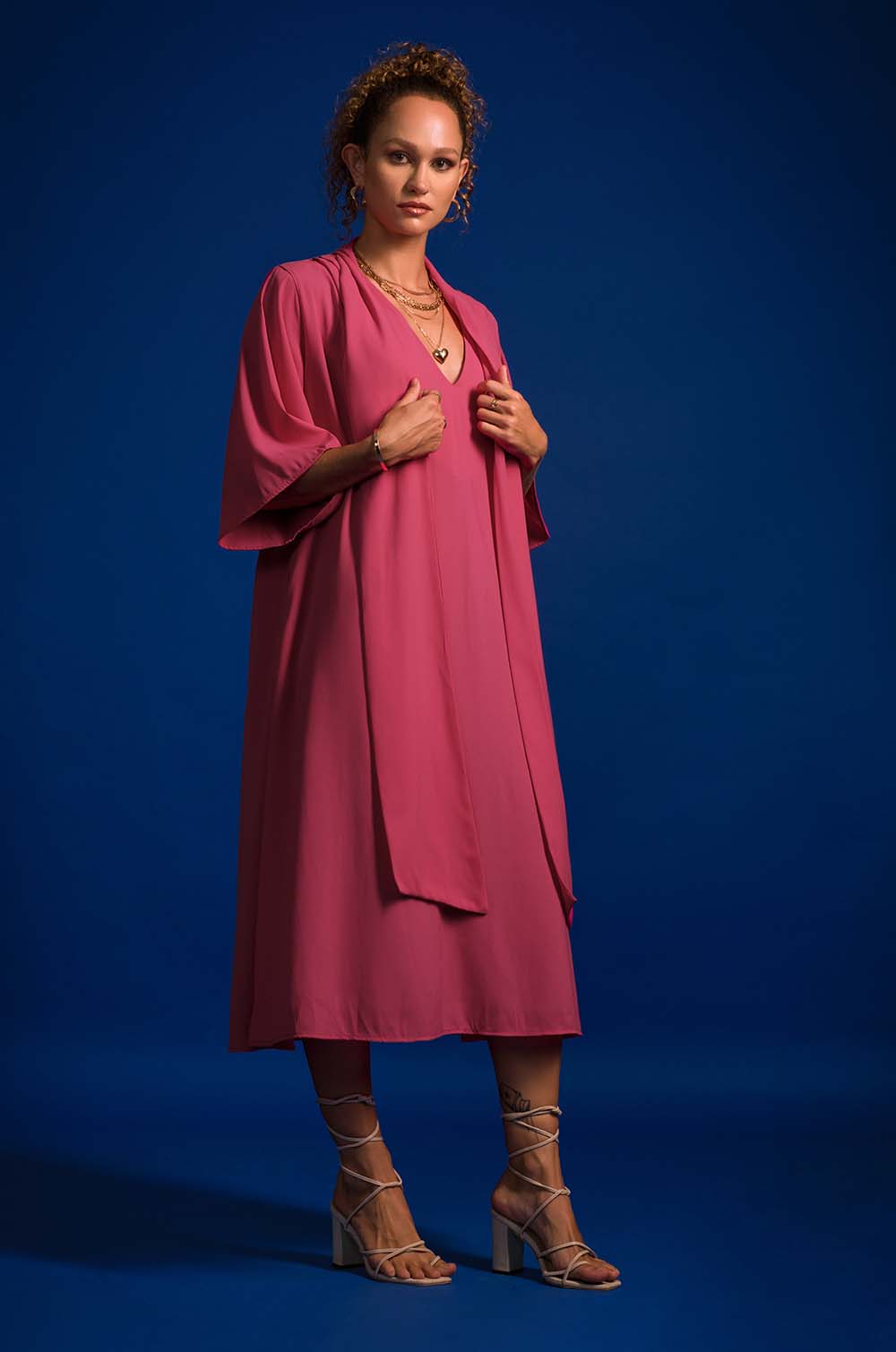 Mock Shawl A-line Dress - Pink