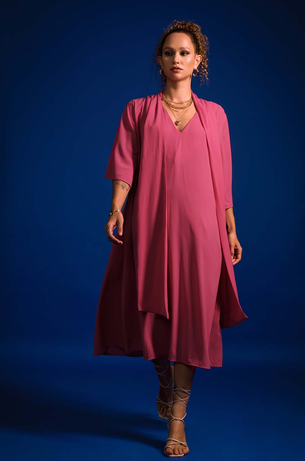 Mock Shawl A-line Dress - Pink