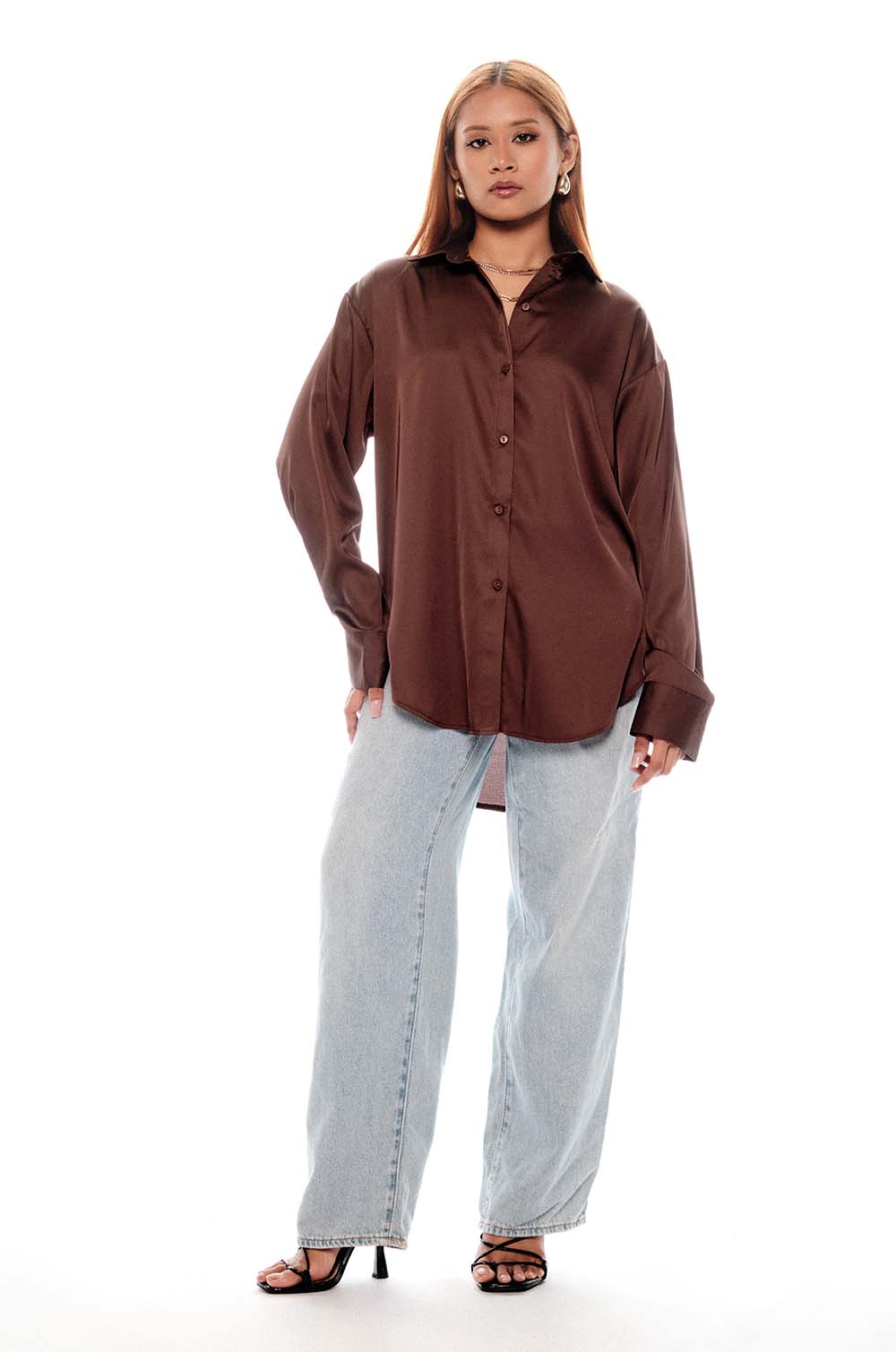 Satin Oversized Shirt Brown