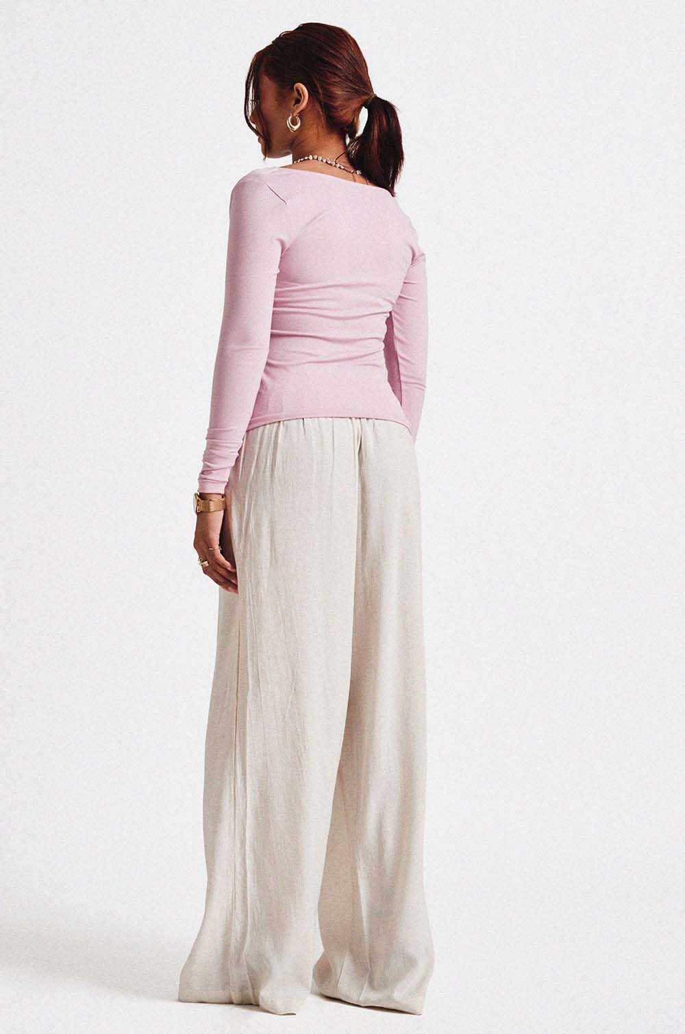 Square Neck Long sleeve Top-Pink