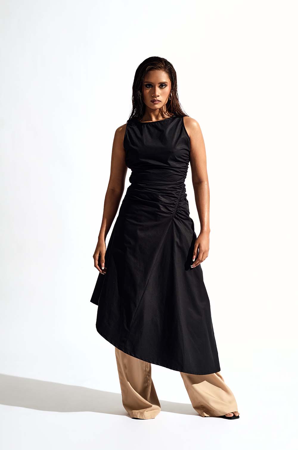 Ruched A-Symetric Dress- Black