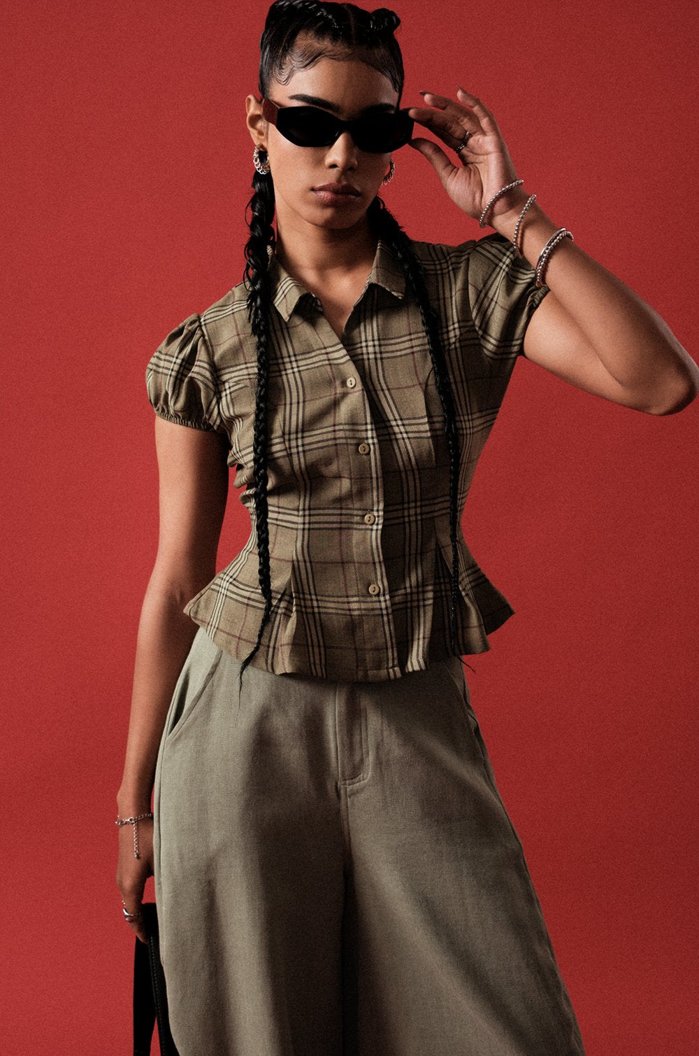 CHECKED PUFF SLEEVE TOP