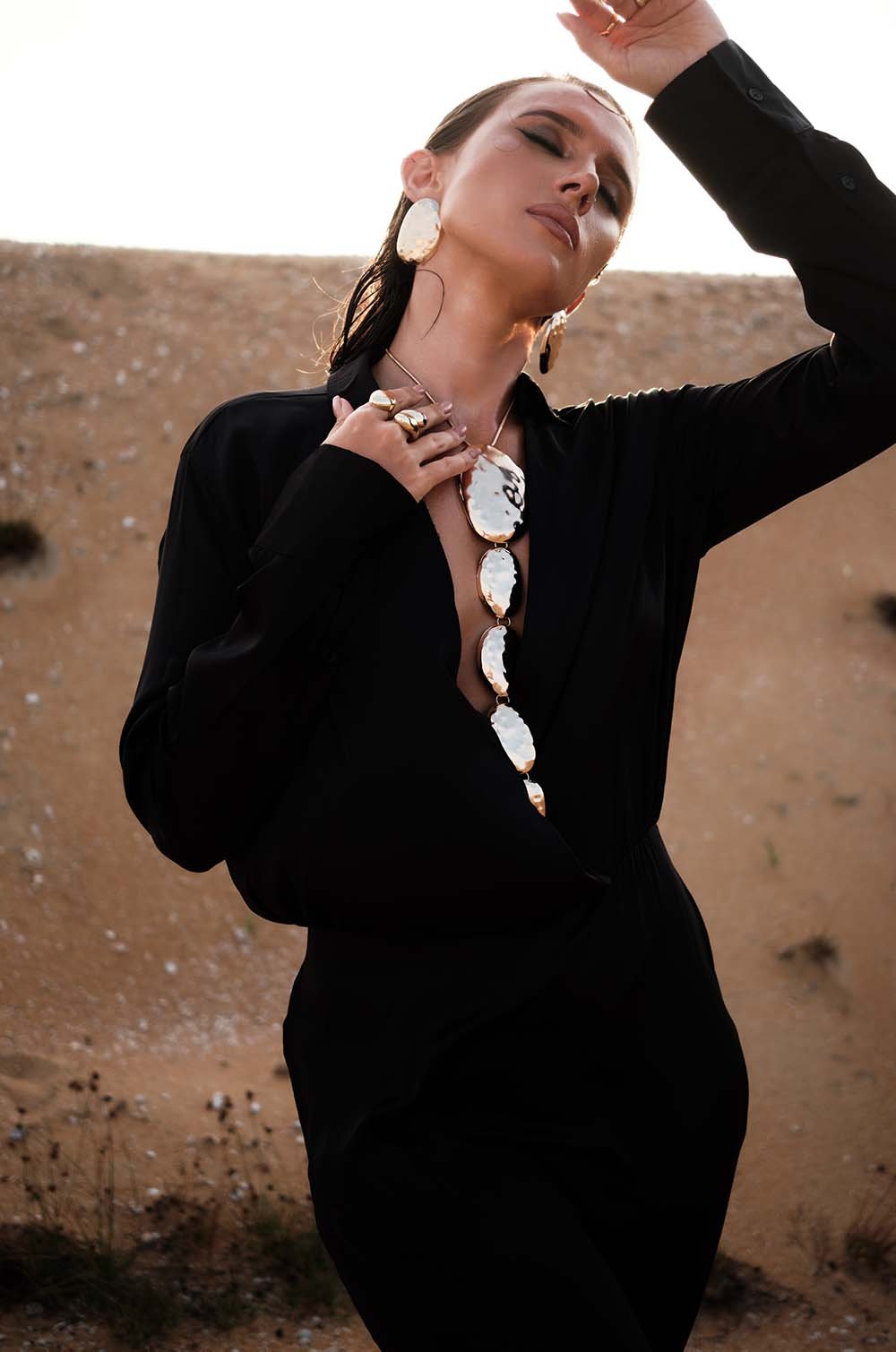 SLIT BACK SATIN SHIRT DRESS - BLACK