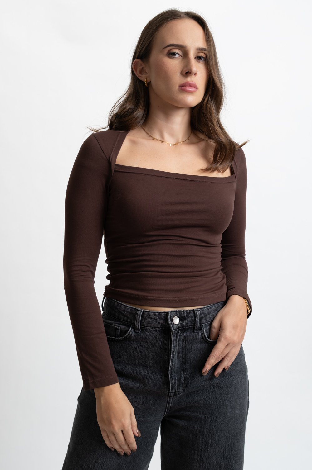 OVERLAPPED SQUARE NECK TOP  - DARK BROWN